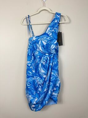 DO+BE Dress Womens Large Floral Hawaiian Blue White One Shoulder Open Back